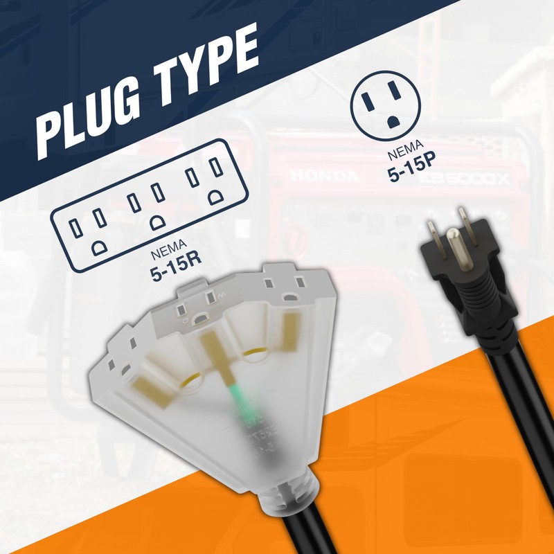 Lighted Outdoor Extension Cord 3 Electrical Power Outlets Fan Style