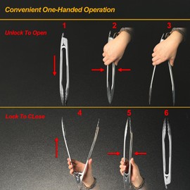12'' Tongs for Cooking, 304 Stainless Steel Kitchen Tongs, One-Hand Locking & Releasing Metal Grill Tongs for BBQ, Serving, Cooking