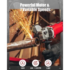 AVID POWER Angle Grinder 4-1/2 Inch 8.0 Amp 1000W Electric Grinder Tool 7-Variable-Speed Metal Grinder, 11,500 RPM, Paddle Switch with Lock-on Button, Cutting & Grinding Wheels and Side Handle