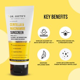 Dr. Sheth’s Centella & Niacinamide Oil Control Sunscreen with SPF 50 & PA+++ | Gel Based Formula with Dry Touch Matte Finish | Ideal for Oily & Acne-Prone Skin | 1.76 Oz/50 g