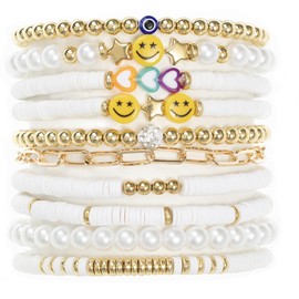 meosked 10pcs Heishi Surfer Clay Bead Friendship Bracelets，Colorful Stackable Preppy Bracelets for Women, One Size, Acrylic Vinyl, no gemstone