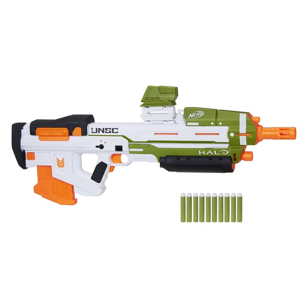 NERF Halo MA40 Motorized Dart Blaster - Includes Removable 10-Dart Clip, 10 Official Elite Darts, and Attachable Rail Riser, White