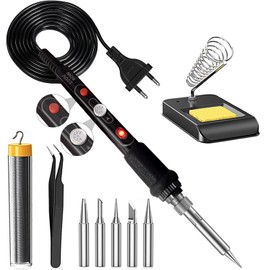 Soldering Iron Set, 60 W Soldering Iron Soldering Set with On/Off Switch 200-450 °C, Adjustable Temperature Button, 5 Soldering Tips, Curved Tweezers, Soldering Wire, Iron Stand with Sponge, Pro