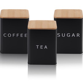 LOSYHU 1.6 Litres Tea Coffee & Sugar Canisters Set of 3, Kitchen Canister Set with Airtight Bamboo Lid, Coffee and Tea Storage Jars Kitchen Storage Tins (Black, Square)