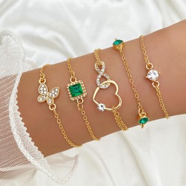 IFKM Gold Bracelets For Women, 14k Gold Plated Layeard Jewelry Bangle Bracelet Set, Trendy Thin Dainty Emerald Rhinestone Stackable Link Chain Fashion Accessories Gifts (Butterfly heart)