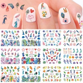 12 Sheets Nail Water Transfer Decals, Nail Art Stickers for Women, Holographic Peacock Flowers Maple Leaf Feather Etc Nail Designs Supplies, Acrylic Nails Decorations DIY Resin Nail Decal Tattoos Set