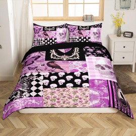 Boho Skeleton Duvet Cover Set Twin Size,Black Crow Rose Flower Bedding Set,Gothic European Damask Floral Comforter Cover for Kids Girls Boys Teens Room Decor,Purple Striped Grid Quilt Cover 2Pcs