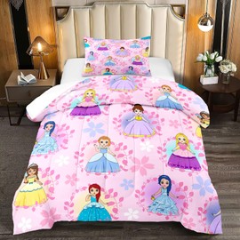 FJKJHKGJ Princess Comforter Sets Twin for Girls, Cute Princess Bedding Comforter Sets, Pink Twin Size Comforter Set for Girls Kids Twin Bedding Set with 1 Pillowcase