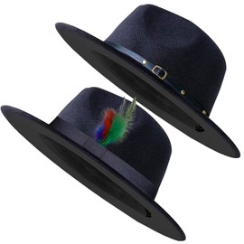 2 Pack Classic Fedora Hat for Men & Women Wide Brim Felt Panama Floppy Hat Black, M/L