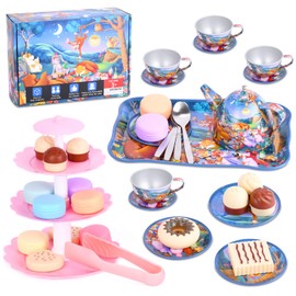 FUQUN 42Pcs Tea Party Set für kleine Mädchen, Prinzessin Tea Time Spielzeug einschließlich Dessert, Kekse, Donut, Teekanne Tablett Kuchen, Kinder Küche Pretend Play für Mädchen Jungen Alter 3-6