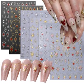 6 Sheets Gold & Silver Nail Art Stickers Stars Moon Nail Decals 3D Self-Adhesive Retro Sun Pendant Love Heart Lock Design Nail Art Sticker Decoration for Women Girls Manicure Supplies