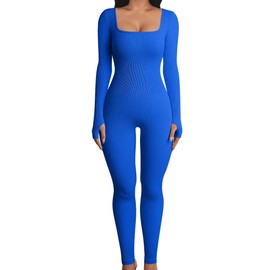 Long Sleeve Workout Jumpsuit for Women Tummy Control Square Neck Ribbed Yoga Bodysuit Bodycon One Piece Romper