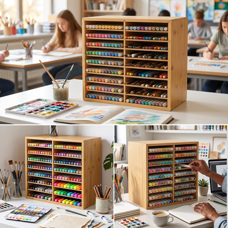 Wooden Marker Organizer for Desk, Hold 144 Markers with 9
