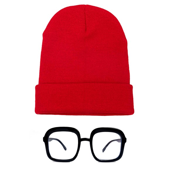 Xnetsby Red Knit Beanie Winter Hat with Black Oversized Square