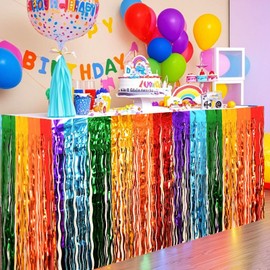 2 Packs 9 Ft x 2.4 Ft Foil Fringe Table Skirt Garland Tinsel Backdrop Banner for Baby Shower Banquet Parade Floats Trailer Mardi Gras Birthday Christmas Wedding Party New Years Eve Decor Colorful