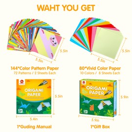 Mocoosy 224 Sheets Origami Paper Kit for Kids Ages 5-8 8-12, Color Folding Paper Set with Origami Book, Art Craft Supplies for Boys Girls 9-12, Travel Game Airplane Car Road Trip Activities Toy Gifts