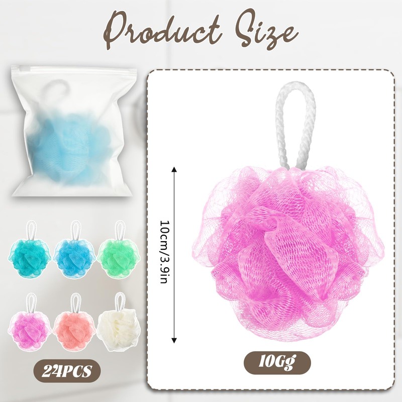 24 Pack Travel Size Loofah Individually Wrapped, Small Shower Puff
