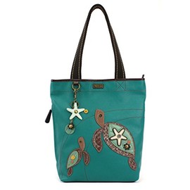 CHALA Everyday Tote, Vegan Leather, Canvas Handles (Turquoise_Sea Turtle)