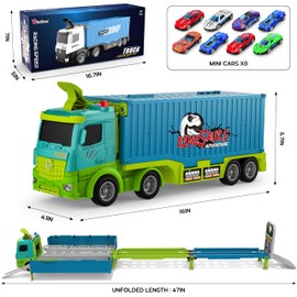 Carrier Truck Race Track Toddler Toys, Foldable 3 Layer Car Race Track Playset, Dinosaur Toy Truck Transport Car Carrier & 8 Race Cars, Truck Car Kids Toy Gifts for Age 3 4 5 6+ Year Old Boys Girls