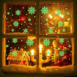 62Pcs Christmas Window Clings, Christmas Window Stickers, Glow in The Dark Stars Round Dot Snowflake Window Decals, Christmas Window Decorations, Xmas Snowflake Decorations for Party