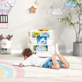 Set of 2 Solid Wood Toddler Bookshelf for Ages 1-4 Book Shelf for Kids Rooms 4-Tier Sling Nursery Book Shelves Montessori Book Rack for Bedroom Playroom Kids Book Organizer Floor Baby Bookcase Prints