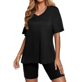 AGSEEM Two Piece Outfits For Women Summer Solid Color T-Shirt And Biker Shorts Set Black S