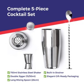 EVOKK Cocktail Shaker Set, 3 Pcs Satinless Steel Cocktail Making Set with 750 ml Shaker, Double Jigger 25 & 50 ml & 27.5cm Mixing Spoon, Baternder Cocktail Kit for Home, Christmas & Party