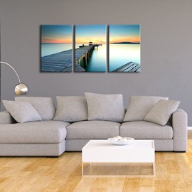 Wieco Art Bridges over the Sea Large Canvas Prints Wall Art Seascape Pictures Paintings for Bathroom Living Room Home Decorations 3 Panels Modern Gallery Wrapped Ocean Sea Beach Giclee Artwork L