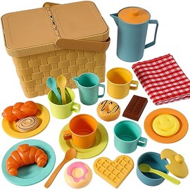 HERSITY Tea Party Set Picnic Toy, Afternoon Tea Playset with Dessert Picnic Basket and Mat, Pretend Play Food Gifts for 3 4 5 Years Kids Toddler Girls