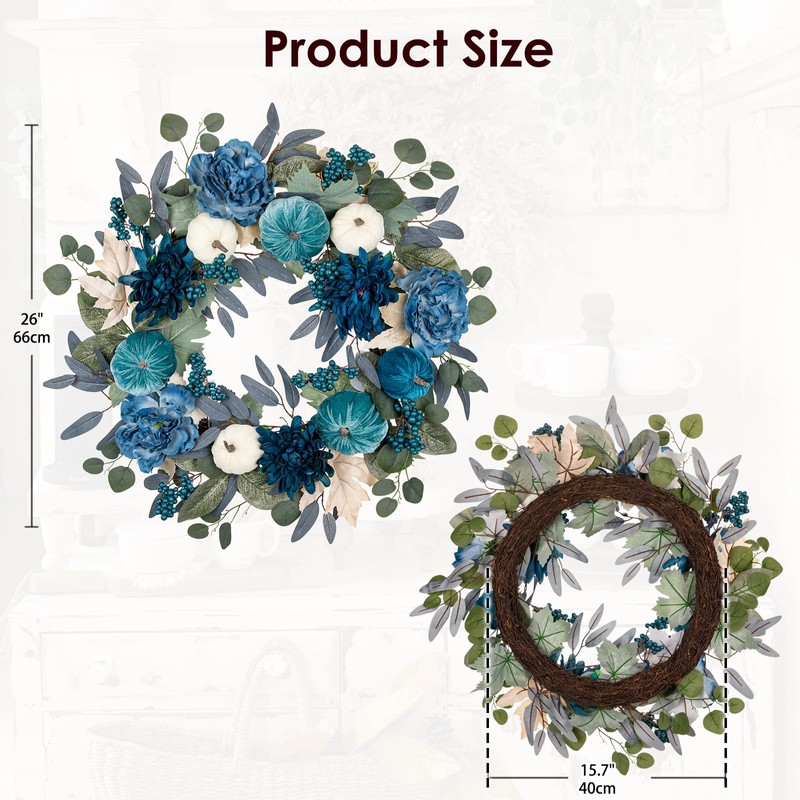 Briful 26" Blue Fall Wreath with Velvet Pumpkins, Faux Peonies