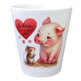 Pig with Mouse and Heart Flower Pot with Saying Schön DASS es Dich gibt Animal Motif in Red Friendly Look Small and Full of Love