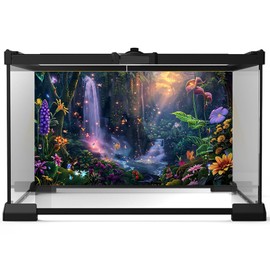 Fantasy Garden Aquarium Background Waterfall Tropical Forest Terrarium Backdrop Lush Moss Rainforest Flowers Sunlight Butterfly Fish Tank Background Tank Aquarium Wallpaper Poster Vinyl 48x20in