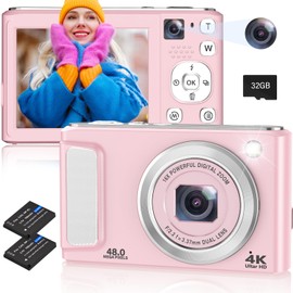 Digital Camera, 4K Autofocus Vlogging Camera with 32GB Card,48MP Point and Shoot Digital Camera with Front and Rear Camera,16X Zoom Protable Compact Camera for Teens Adult Beginner(Pink)