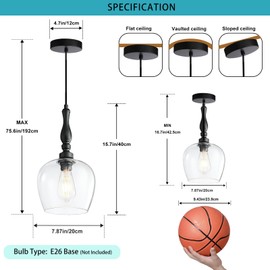 Black Pendant Lights Kitchen Island Bell Shape Clear Glass Hanging Lamp