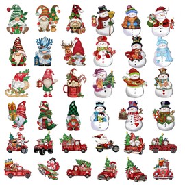 Rebanky Pack of 36 Wooden Christmas Decoration Pendants Christmas Wooden Pendant Figures Wooden Pendant Gnome Figures Christmas Pendant Christmas Decoration Wood with String for Living Room Christmas Tree Window