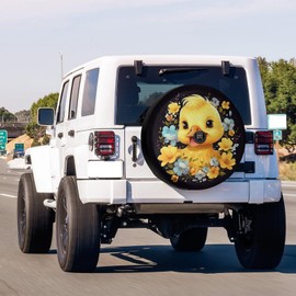 Foruidea Yellow Little Duck with Floral Wreath Spare Tire Cover with Backup Camera Hole Wheel Tire Cover Fit Trailer, RV, SUV and Many Vehicle 17inch