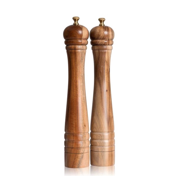 DeroTeno Salt and Pepper Mill, Adjustable Stainless Steel and Ceramic, Acacia Wood, Height 30 cm
