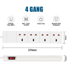 EXTRASTAR 4 Gang Extension Lead with Led Indicator and Side Switch in White, 2M Extension Cord 13A UK Plug Max 3120W, 4 Socket Power Strip for Home Office School