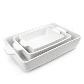 KitchenTour Ceramic Bakeware Set, Rectangular Baking Dish Casserole Dish Lasagna Pan with Double Handles Stoneware Bakeware Set of 3 - White