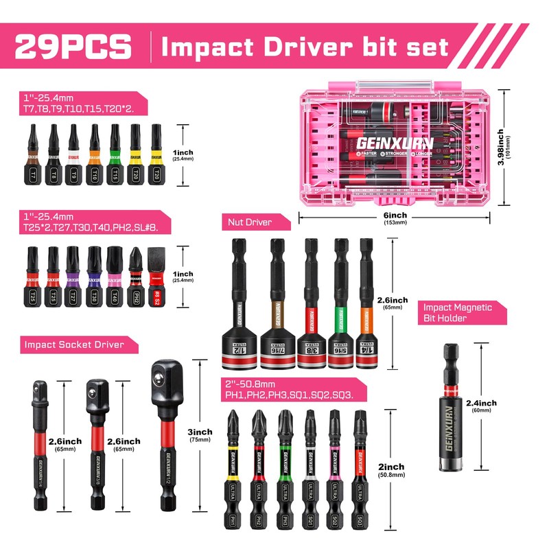 Geinxurn 29Pcs Impact Screwdriver Bits Set, Magnetic S2 Steel 1”/2”Phillips/Square/Torx/Slotted
