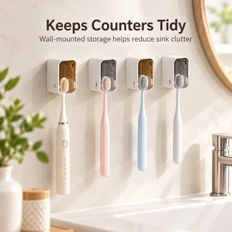 Wall-Mounted Toothbrush Holder for Bathroom Organization – Drill-Free, Dustproof Storage