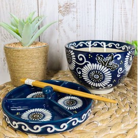 Ebros Japanese Dining Tempura Udon Noodles And Tentsuyu Dipping Sauce Large 6"D Bowl With Condiment Divider Lid And Built In Chopsticks Rest With Bamboo Chopsticks Set (Blue Winter Fauna)