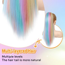 SEIKEA Ponytail Extension, 18" Lightweight Straight Claw Clip in Hair Extensions Ponytail, Colored Hair Extensions for Kids, Crazy Hair Day Accessories for Girls Synthetic Hairpiece Pastel Rainbow
