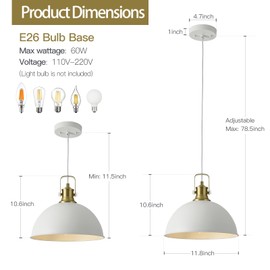 ElilyGiA 12 Inch White Farmhouse Pendant Lights for Kitchen Island Industrial Pendant Lighting Adjustable Height Vintage Dome Hanging Light Fixtures for Barn, Dining Room