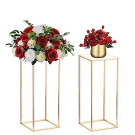Nuptio - Jarrones de centro de boda dorados: 2 piezas de 23.6 pulgadas de alto, soporte de metal para florero, columna geométrica, soporte de centro de mesa rectangular para decoración de bodas