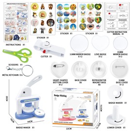 2025 New Badge Making Kit, Badges Punch Press Machine with Multiple Sizes (35mm+55mm+Love), DIY Pin Badge Maker Button Maker Kit with 36X Badges, 1X Round Paper Cutter, 1X Cute Stickers (Blue)