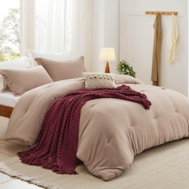Bedsure King Comforter Set with Throw Blanket - 5 Pieces Boho Bedding, Down Alternative Bed in a Bag，Warm Taupe Bed Set with Comforter, Pillow Shams, Throw Pillow, Chenille Blanket