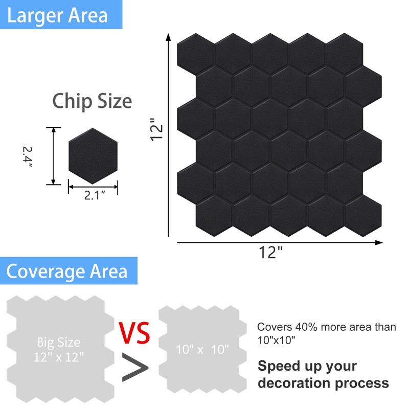 WalDecoo Matte Black Hexagon Peel and Stick Wall Tiles for