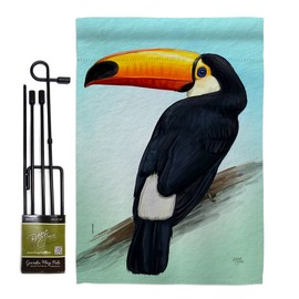 Toco Toucan Garden Flag Set with Stand Animals bird Flamingo Hummingbird Cardinal Peacock Springtime Natural Wildlife Small Decorative Gift Yard House Banner Made In USA 13 X 18.5
