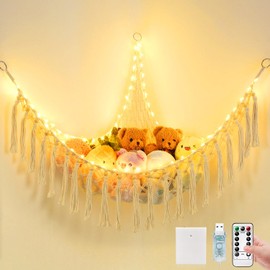 Stuffed Animal Hammock with 75LEDs Lights Preinstalled, Extra Large 55in Toy Storage Macrame Hammock, Hanging Toy Net for Kids Bedroom Doll Room Corner Organizer, USB Plush Toy Hammock with Remote(XL)